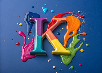 A vibrant, artistic image of a letter K, colored in the rainbow Pride flag design, with colorful paint dripping and splattering around it on a deep blue background.