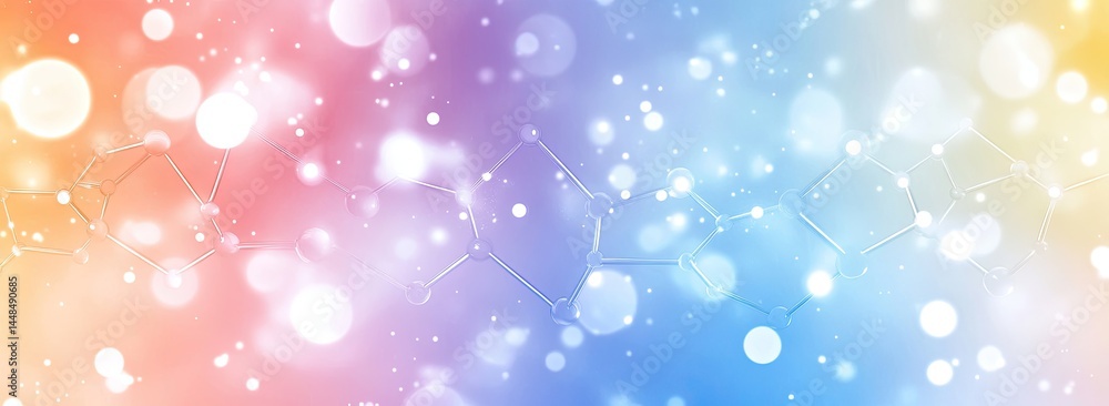 Poster molecular structure on pastel gradient background with blurred lights creates a soft scientific back