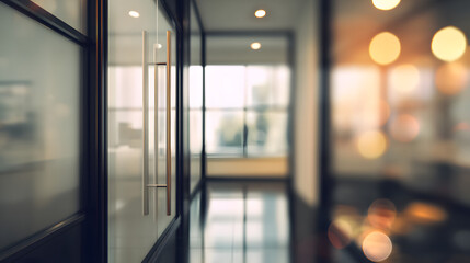 Dynamic office interior scene with blurred doorway modern workplace professional environment focused view