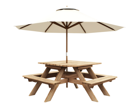 wooden picnic table with large beige outdoor umbrella isolated png transparent cutout