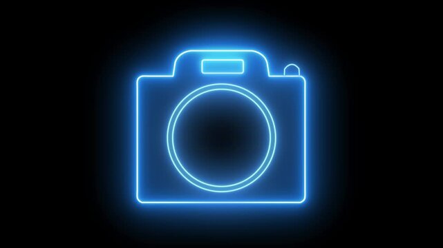 Glowing blue neon outline of a camera icon stands out crisply against a black background. An abstract and modern symbol of photography, media, and visual creativity.