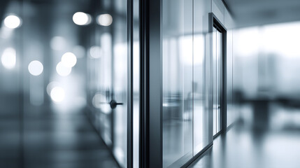 Blurry office interior scene with glass doors modern workspace professional environment perspective