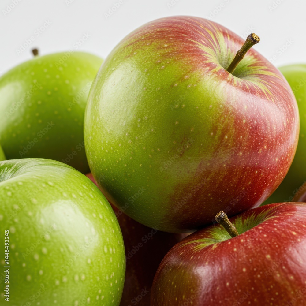 Poster a close up shot of a pile of green and red apples with stems on a white background in a studio