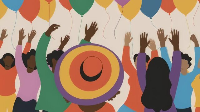 Group of women raising hands under colorful balloons. Celebration event with unity and diversity concept. Party for graduation, equality, women' day.