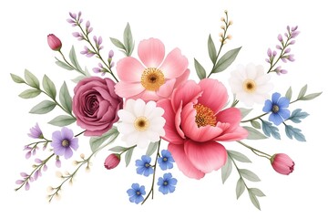 Floral Bouquet Watercolor Illustration: Pink Peony, Rose, Daisy, and Blue Flowers on White Background                                                 