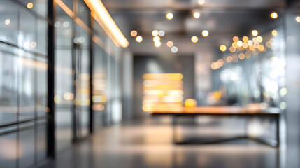 Dynamic blurred office interior scene with soft lighting effects in modern workspace environment