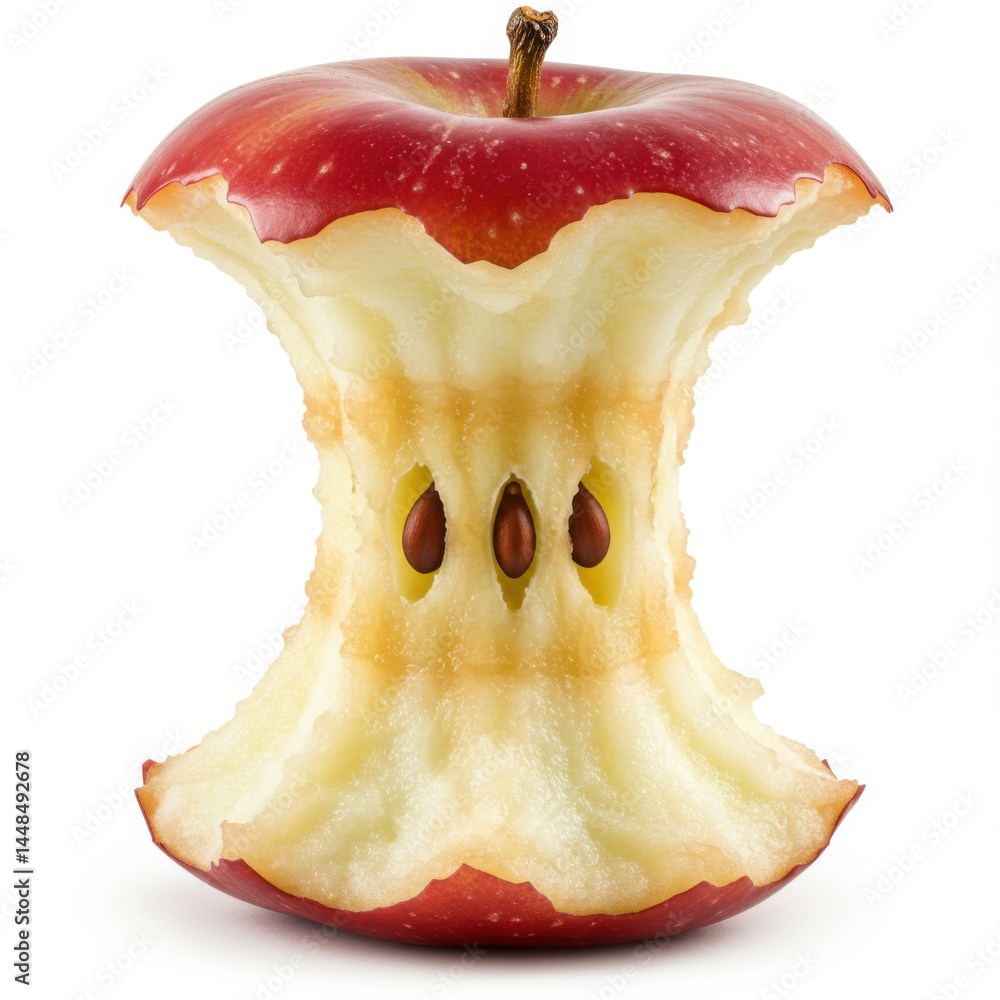 Poster a red apple core with seeds visible after being eaten on a white background in a studio shot view
