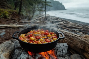 Rustic Fish Stew Simmering In Iron Pot Over Coastal Wood Fire