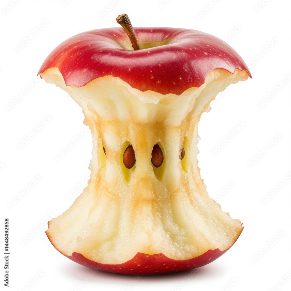Poster a close up of a red apple core with seeds and stem on a white background in studio lighting