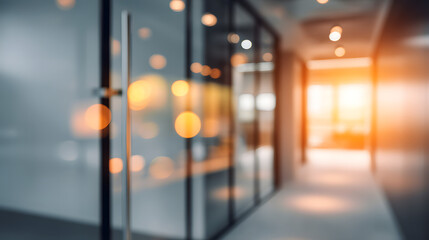 Dynamic office environment with blurred interior and doorway modern workspace bright lighting