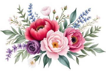 Elegant Floral Arrangement: Watercolor Peonies, Roses, and Delicate Blooms on White Backdrop, Perfect for Spring Designs, Invites, and Decorative Compositions.
