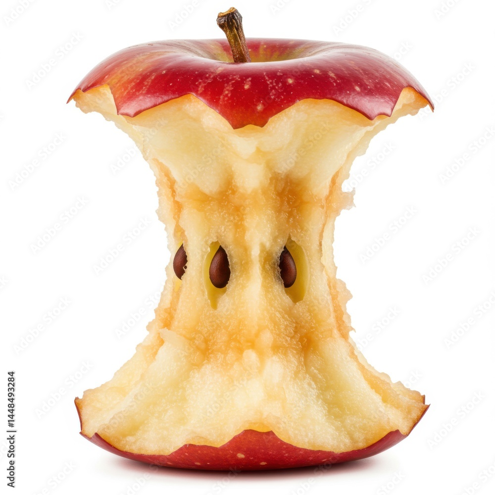 Poster a partially eaten red apple core with seeds visible against a plain white studio background close up