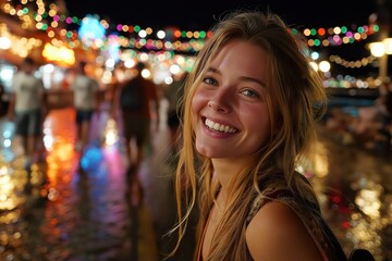 Obraz premium Smiling Girl Glows Amid Seaside Promenade Lights On Carefree Summer Night