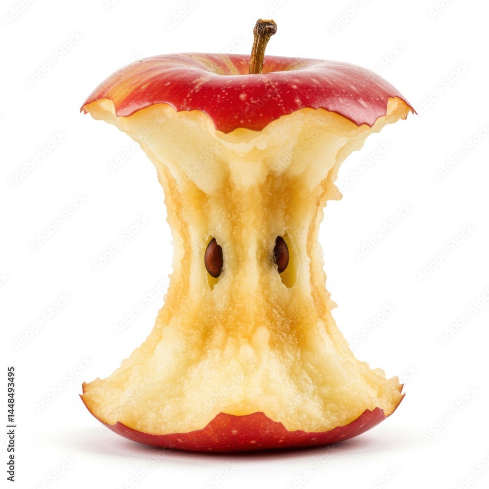 Poster a partially eaten red apple core with visible seeds and stem on a white background studio shot