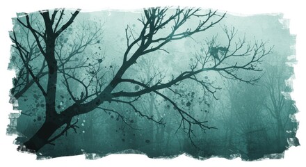 A watercolor painting of bare trees in a misty forest with a dark teal and white color palette