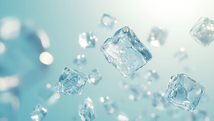 Floating Ice Cubes in Mid-Air with Light Blue Background