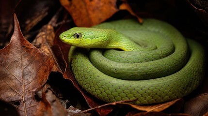 Obraz premium Coiled Green Snake in Autumn Leaves