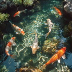 Koi Fish Swimming in Clear Pond – Zen Harmony and Colorful Reflections