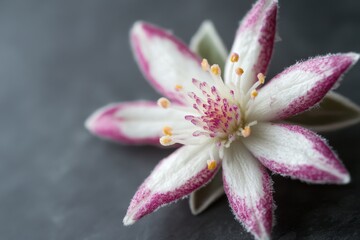 Fototapeta premium Close-up of a delicate, intricate flower with pink and white petals.