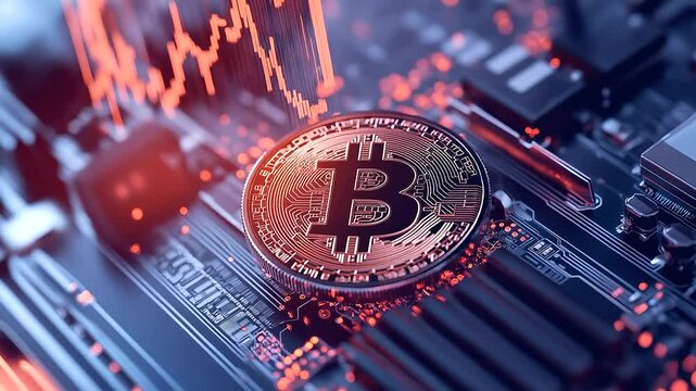 A holographic Bitcoin hovering over a high-tech processor, with data streams and cryptographic symbols swirling in the air, showcasing the evolution of digital currency.