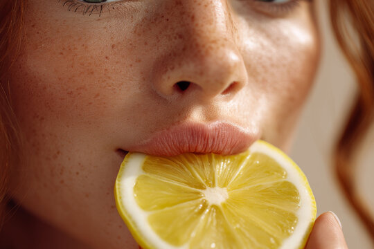 Freckled skin closeup with puckered lips gently holding juicy lemon slice sensually