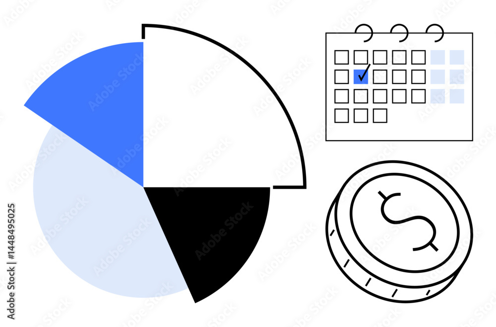 Poster pie chart indicating data analysis, calendar with highlighted date for planning, and coin symbolizin