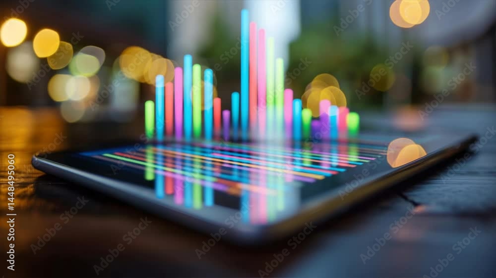 Aufkleber a vibrant digital tablet displaying colorful sound wave visualizations in a soft-focus urban setting