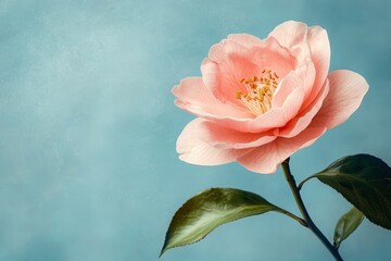 Soft pink flower blossoms against a pale teal background.