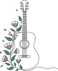 Floral Guitar Line Art, Minimalist Music and Nature Illustration.