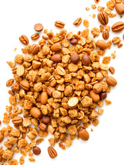 Crunchy granola, muesli pile with nuts isolated on white background, top view