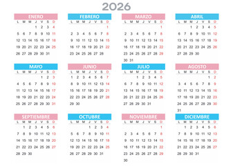 Spanish Yearly calendar. 2026 mockup. Annual Horizontal template. Classic simple minimal design with pink and blue tabs on white background. Editable format. First day lunes monday. EPS10.