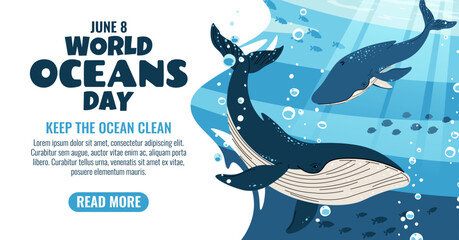 World Oceans Day Horizontal Banner Featuring a Gentle Whale Swimming Among Coral Reefs. Join the Movement to Protect Our Oceans. Marine Conservation Design Ideal for Websites, Social Media and Print