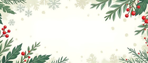Elegant Watercolor Christmas Frame with Berries and Evergreen Branches on an Off-White Background with Faint Snowflakes, Holiday Illustration.        