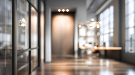 Blurred office interior scene with doorway modern workspace professional environment focused view