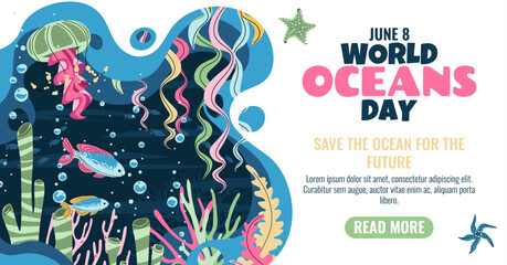 World Oceans Day Horizontal Banner. Flat Design Coral Reef with Tropical Fish and Jellyfish. Marine Life Illustration for Ocean Conservation and Eco Awareness. Vibrant Vector Art.