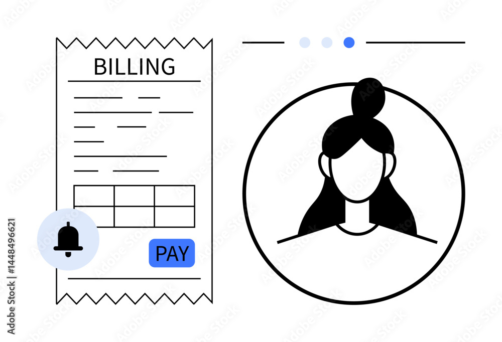 Poster user profile icon and billing receipt with payment button and reminder notification. ideal for finan