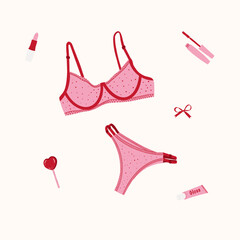 Set of woman things: pink underwear, lipstick, mascara, bow, lollipop. Present card with female design. Hand drawn retro vector illustration