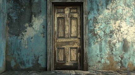 Aged wooden door in a weathered building exterior.