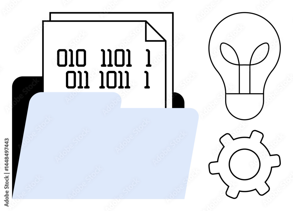 Poster open folder holding binary-coded documents, gear symbol for process, lightbulb for ideas. ideal for 