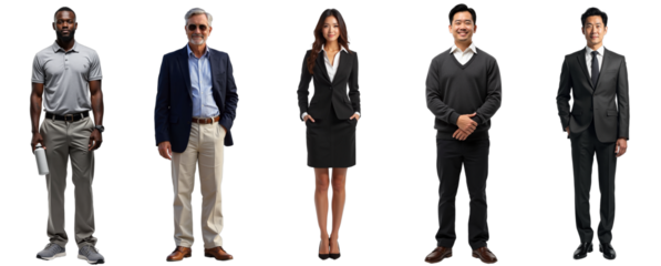 Cutout group of diverse business people, full body photorealistic portraits. Isolated on transparent background. Ideal for team pages, global business visuals, diversity & inclusion marketing.