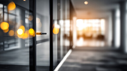 Blurred office interior with open door modern workspace professional environment abstract viewpoint