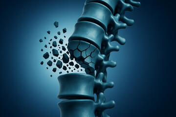 Medical illustration of a damaged spine with vertebrae fracture and bone loss. Concept of osteoporosis, back pain, spinal injury, and orthopedic health. Ideal for medical and healthcare designs.