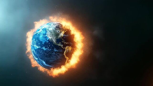 A globe being torn apart at its equator, with the upper half glowing blue and the lower half burning red, symbolizing a fractured world order.