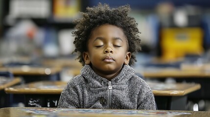 A young child with eyes closed, wearing a button up jacket sits at a table.