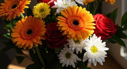 Bouquet of vibrant orange gerbera daisies, red roses, and white chrysanthemums