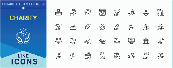 Set of Charity line icon. Contains such icons as support, linearity, nonprofit, community and more. Charity And Donation line icon set. Modern icons collection. Editable stroke. Pixel Perfect.