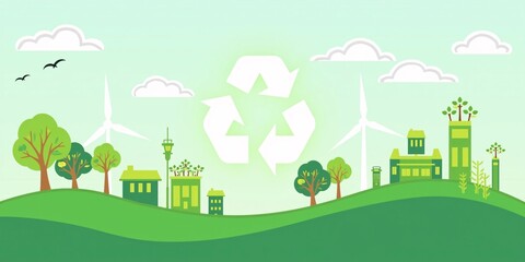 Fototapeta premium An abstract background of sustainability, green energy symbols, recycling motifs