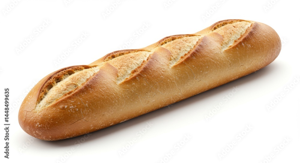 Poster a single baguette with a golden crust sits diagonally on a white surface casting a subtle shadow