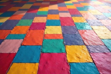 Repeating geometric tile floor in vibrant hues, modern, ceramic