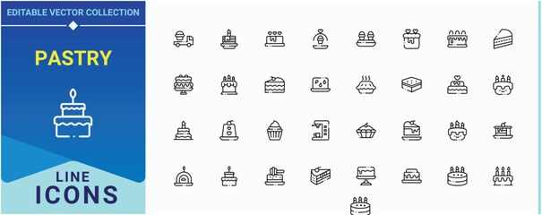 Pastry vector line icon set. Includes thin line symbols sweet, bakery, dessert, birthday and more. Cake modern icon set. Thin outline icons set. Art and illustration.